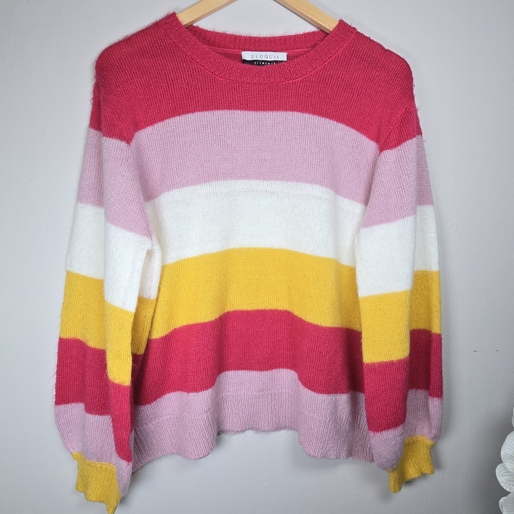 Eloquii Stripe Colorblock Fuzzy Knit Sweater Acrylic Sz 18-20 Balloon Sleeve - Picture 2 of 13